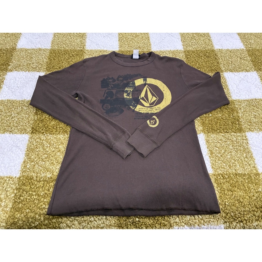 Volcom Mens Brown Waffle Knit Thermal Long Sleeve Graphic Shirt Size M Y2K Skate